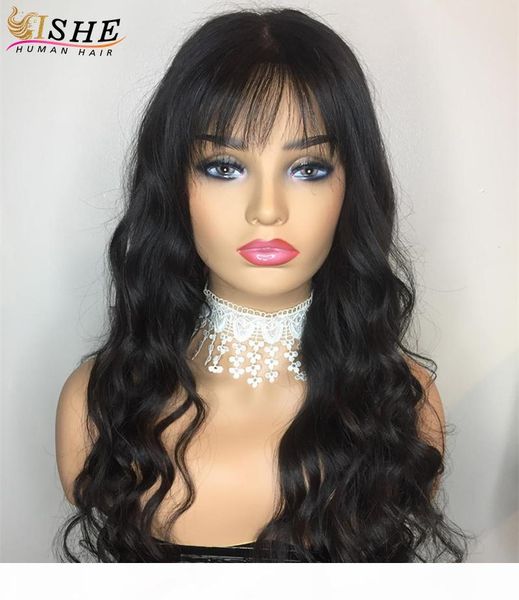 

13*6 lace front human hair wigs with bangs indian remy hair body wave with baby hair full end for women, Black