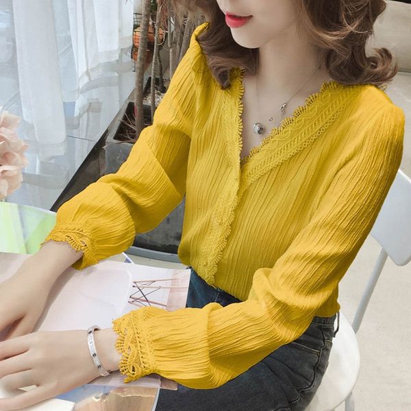 

2021 elegant chiffon office shirts spring summer new fashion feminine lace solid blouse plus size woman's shirt 3lbz, White