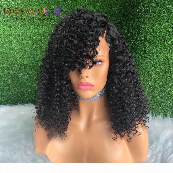 

short curly 4x4 lace closure human hair wigs for women black side bang deep wave wig 150%density preplucked remy closure wig, Black;brown