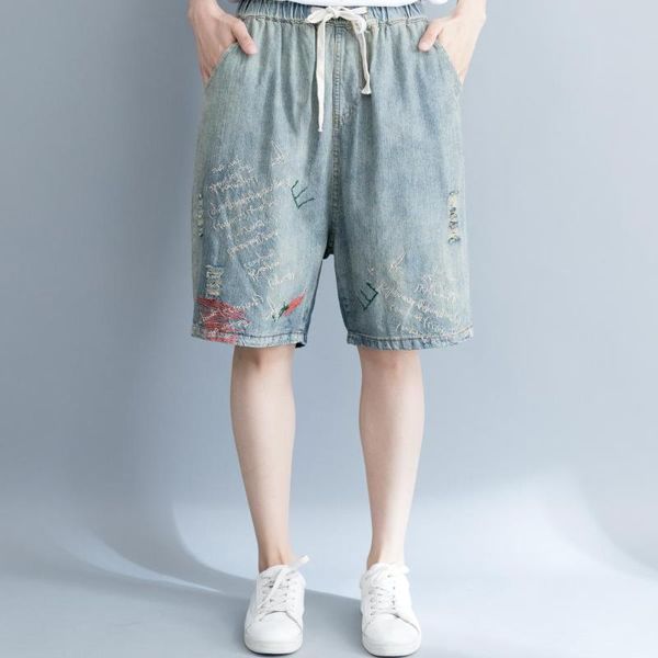 

women's jeans casual shorts for high waist washed denim vintage plus size, Blue