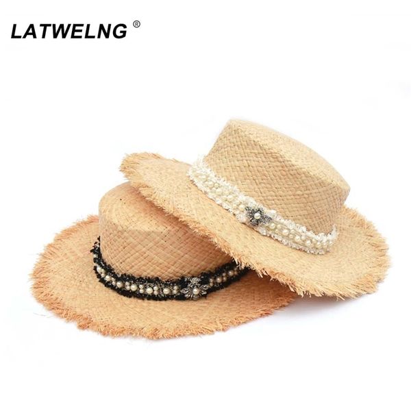 Новый оригинальный дизайн Tweed Pearl Raffia Beach Hats для женщин мода мягкая соломенная солнцезащитная шляпа леди летние козыреки колпачки оптом Y200602