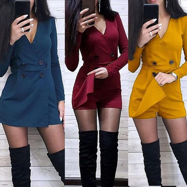 

chic women playsuits solid color long sleeve v neck double breasted short playsuit jumpsuit womens playsuits drop shipping, Black;white