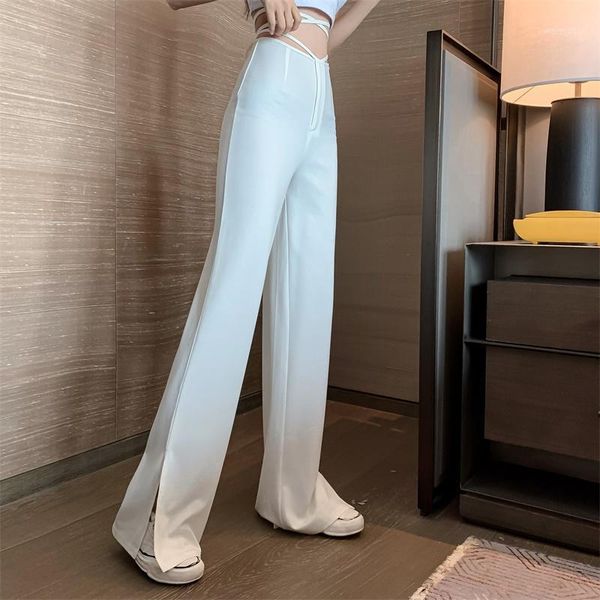 

women suit pants leisure loose high waist vintage wide leg side split women fashion korean all-match simple full-length trousers1, Black;white