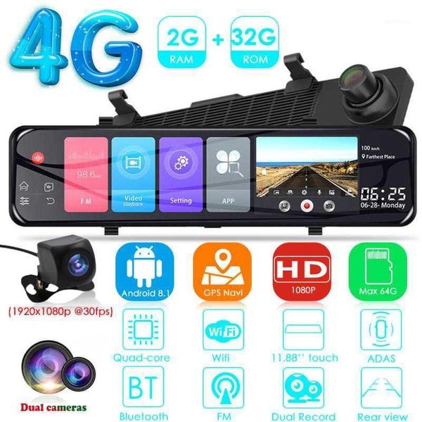 

2+32gb storage 12 inch 4g wifi gps car dvr multimedia mirror dashboard front & rear 1080p dual lens car rearview mirror camcorde1