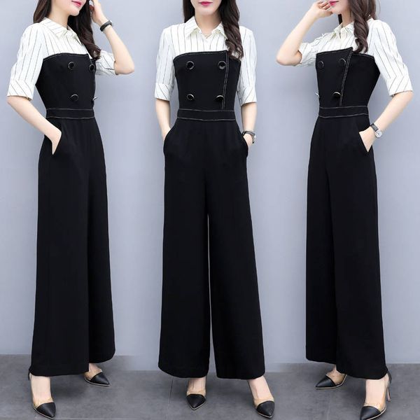 

women 2020 jumpsuit romper elegant turn-down collar tarja patchwork ocasional blusa ampla monkey pants leg loose ladies c09n, Black;white