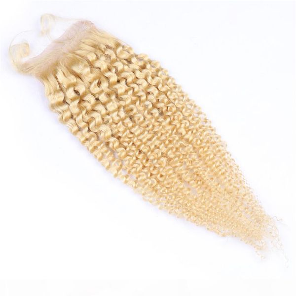 

virgin brazilian human hair blonde kinky curly lace front closure 4x4 with babay hairs #613 blonde front lace closure piece 130 density, Black;brown