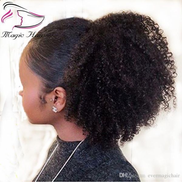 

evermagic afro kinky curly human hair ponytail extensions 70-120g drawstring human hair clip in ponytail malaysian remy hair, Black