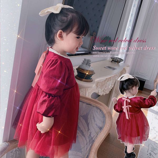 

girls' () veet autumn and winter wine red plush puff children's princs skirt bow drs, Red;yellow