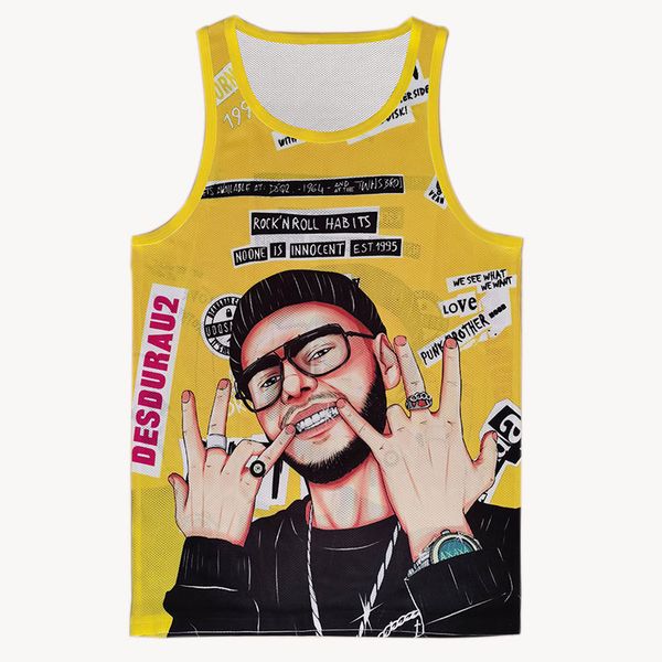 

fashionable mesh men' tank fabric breathable logo hip hop portrait digital print sport vest, White;black