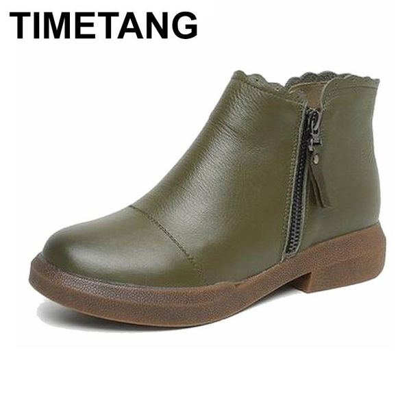 

boots timetang women genuine leather vintage style flat booties soft cowhide women's shoes side zip ankle zapatos, Black