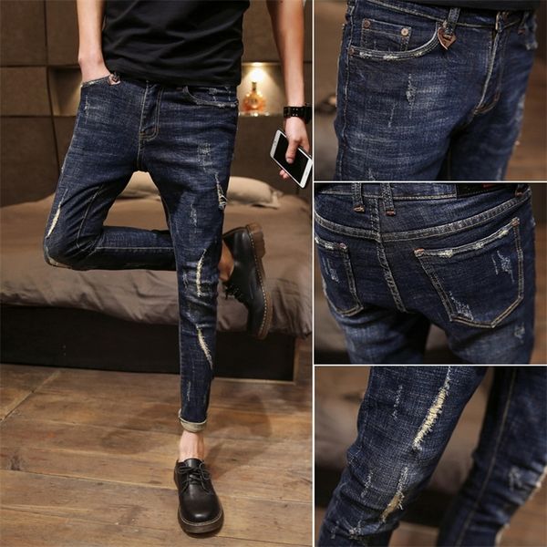 

wholesale fashion denim men's skinny ripped jeans korean trend slim ankle length brand feet pants casual pencil trousers 201116, Blue