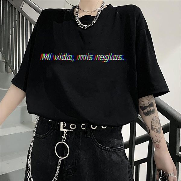

korean dropshipping summer short sleeve loose o-neck oversize women t-shirt letter print black graphic vintage punk clothes, White
