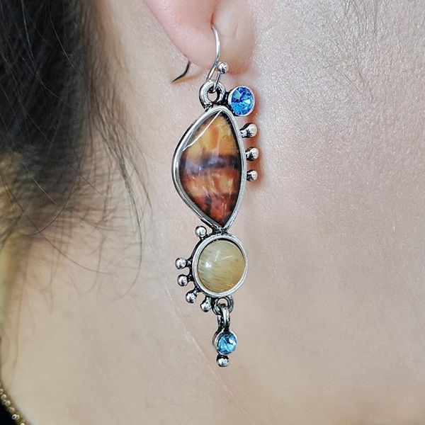 

bohemia vintage irregular natural tiger stone long drop earring for women boho ethnic blue crystal dangle earring india jewelry, Silver