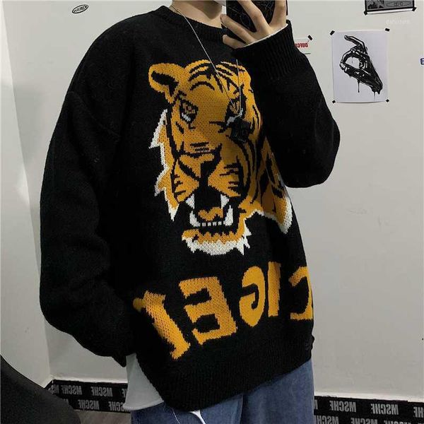 

2020 autumn and winter new loose retro tiger initials jacquard sweater fashion casual thickened pullover black / yellow -xl1, White;black