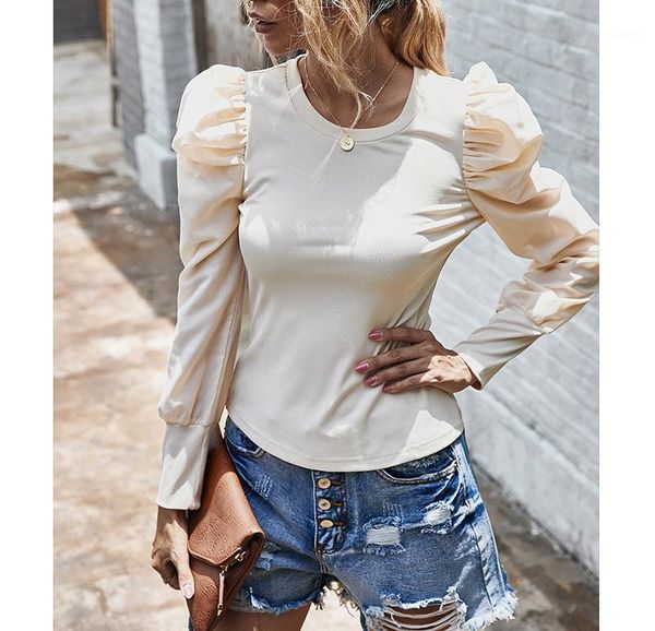 

woman blouses shirts long puff sleeve o-neck solid office lady elegant female blouses tunic casual shirts robe blousa 20201, White