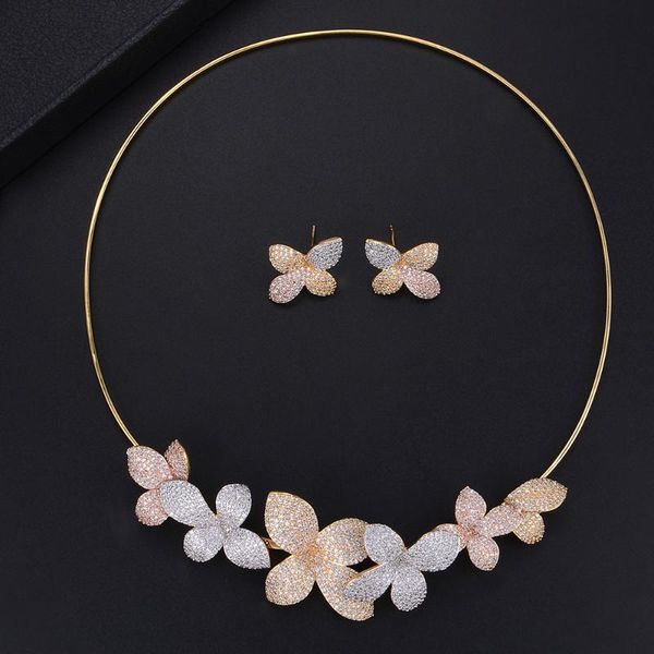 

new wedding jewelry set flower shape necklace stud earrings full micro cubic zirconia sets for women, Silver