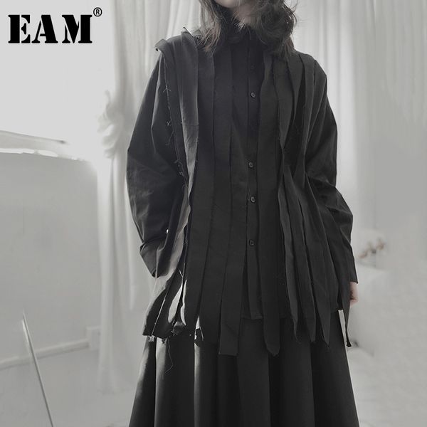

[eam] women black ribbon split big size blouse new lapel long sleeve loose fit shirt fashion tide spring autumn 1t701 201126, White