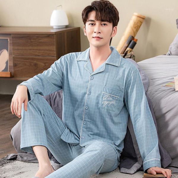 

men's pajamas spring autumn long-sleeved cotton cardigan plaid lapel youth loose home service suit sleepwear set loungewear 4xl1, Black;brown