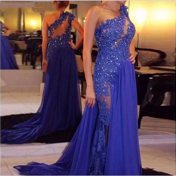 

royal blue lace платья выпускного вечера a-line одно плечо шифон кружева аппликация кристалл бисера длинные формальные вечерние платья плать, Black