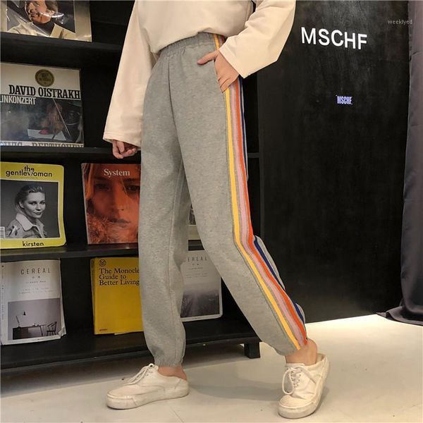

casual joggers women harajuku rainbow side striped pants 2020 straight elastic waist pants korean pantalones mujer1, Black;white
