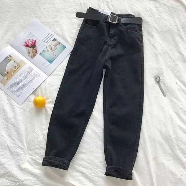 

2021 new high-waisted brim vintage solid pants loose plus high street size denim pantalon femme belt lpoy, Blue