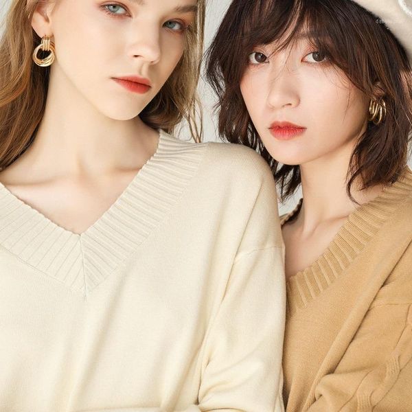 

women's european long-sleeved v-neck sweater pullover women's solid color loose sweater autumn winter comfortable value1, White;black