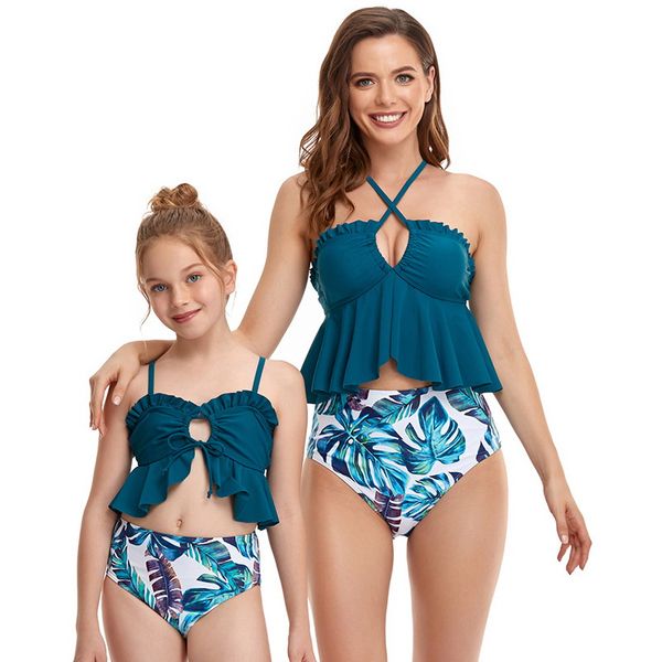 

2021 summer family matching swimsuit 2pcs sets halter ruffles bikini high waist triangle swimming trunks mother daughter e2102, Blue
