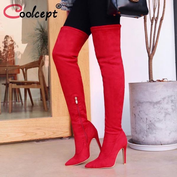 

boots coolcept brand women winter over the knee thin high heels keep warm shoes woman party fur boot size 31-431, Black