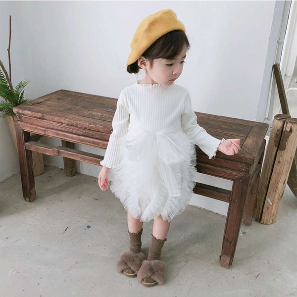 

skirt amur monkey autumn infant splicing mh bow long sve girls' knitted drs small and medium children's wear 7y9l, Red;yellow