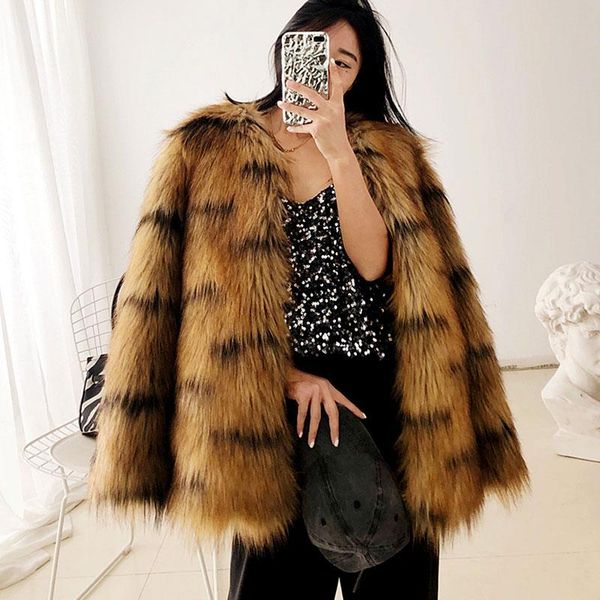 

women's fur & faux 2021 winter coat female plush artificial furry casual jacket for women fashion fluffy clothes, Black