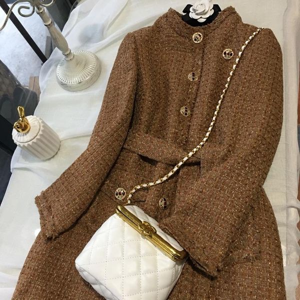 

new small sweet wind coat more female long long tweed aristocratic temperament little caramel color cotton, Black
