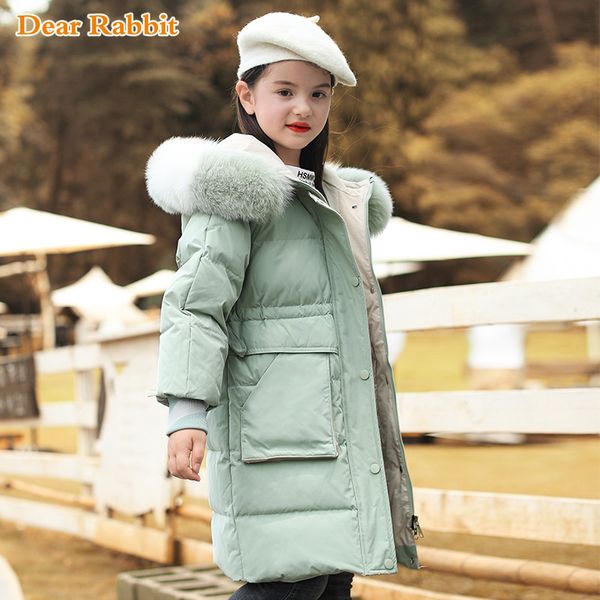 

2020 fashion winter down jacket for girl clothes hooded parka real raccoon color fur collar coat kids teenage outerwear clothing lj201120, Blue;gray