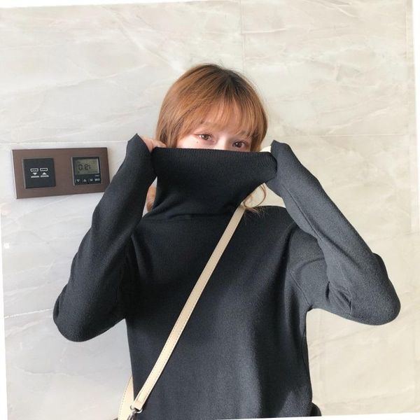 

women's sweaters solid color long sleeved turtleneck bottoming shirt women all-match pile collar knitted pullover sweater, White;black