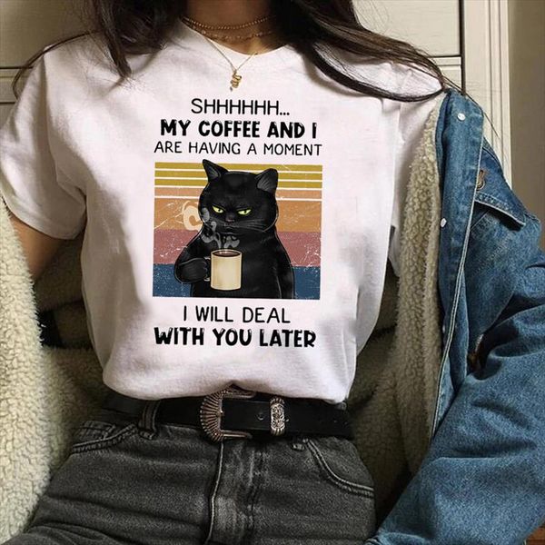 

women printing print graphic cat coffee cartoon funny trend cute fashion clothes lady tees female t shirt womens t shirt, White