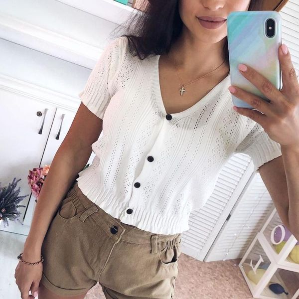 

summer korean style short-sleeved knitted sweater cardigan women's hollow thin t-shirt retro flavor short women clothes1, White