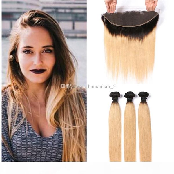

products 3 bundles 1b 27 ombre color hair with lace frontal silk straight human hair wefts with frontal closure, Black;brown