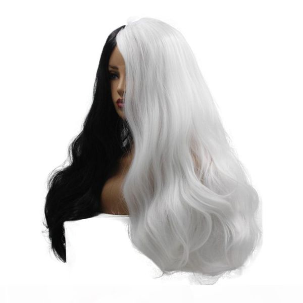 

long wavy synthetic lace front wig with black and white wigs harajuku lace front hair for women cosplay wigs