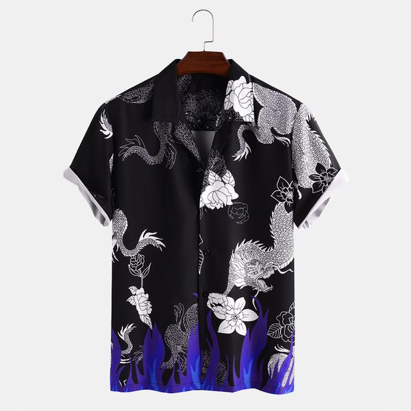 

2021 new dragon print casual men's short sleeve shirtslim fit fashion floral print dress males clothes, White;black