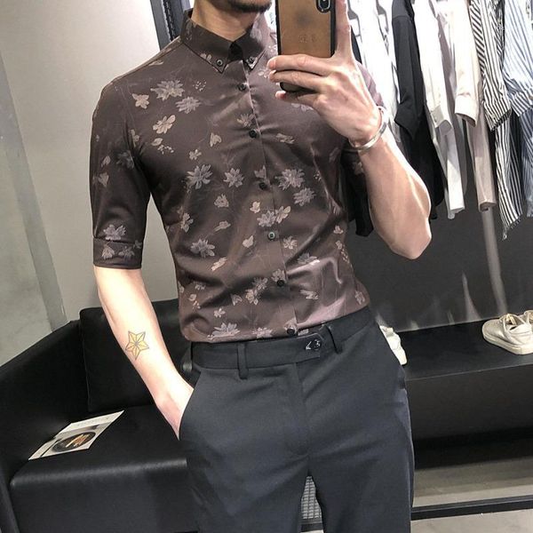 

men's short-sleeved shirt 2020 spring and summer new handsome wild slim printed shirt young personality fashion trend men's1, White;black