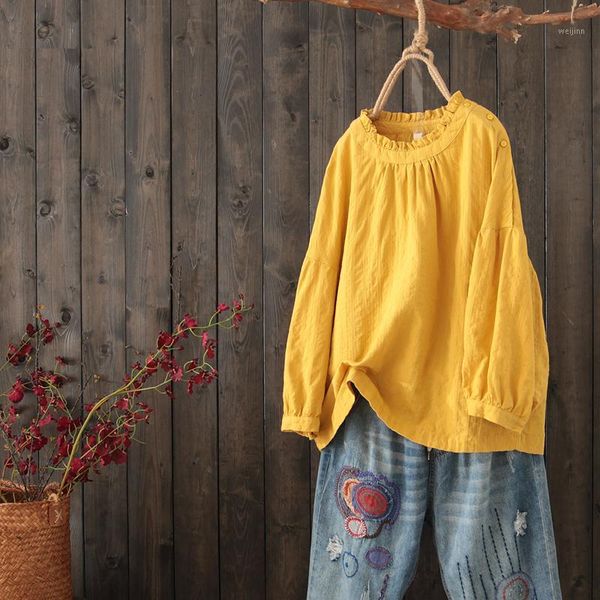 

2020 autumn new mori girl cotton linen vintage ruffled collar solid color blouse female loose long sleeve shirt 1, White