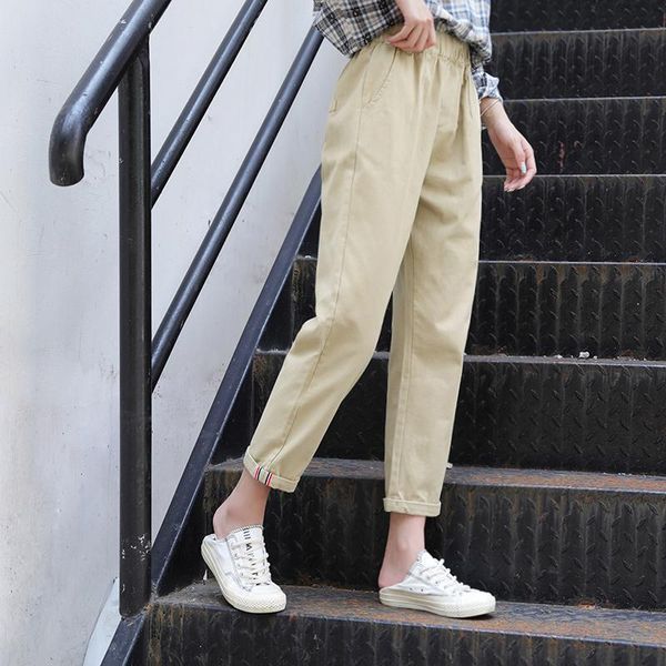 

women's pants & capris spring autumn style cargo solid color pocket casual straight elastic waist ankle-length kk0263, Black;white