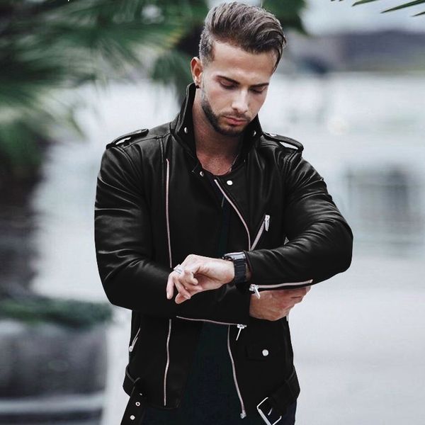 

2021 new new plutonium motorcycle thin occasional zipper leather jacket, male-shaped coat and for autumn clothing kxpk, Black