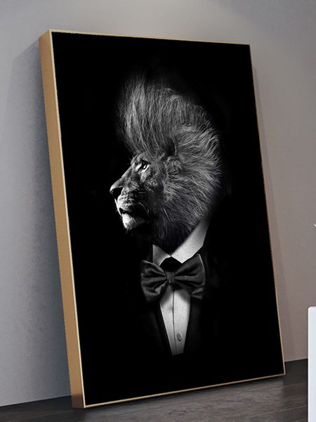 

mr black lion in suit canvas wall art poster and prints fashion painting gentleman animal picture home decor cuadros craft gift