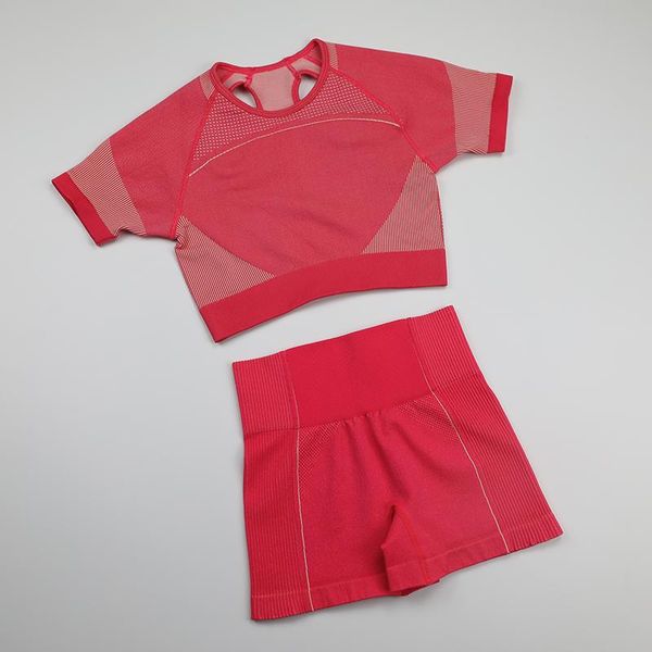 

yoga outfits spring gym set workout clothes women short sleeve crop seamless fitness shorts sports wear clothing athletic, White;red