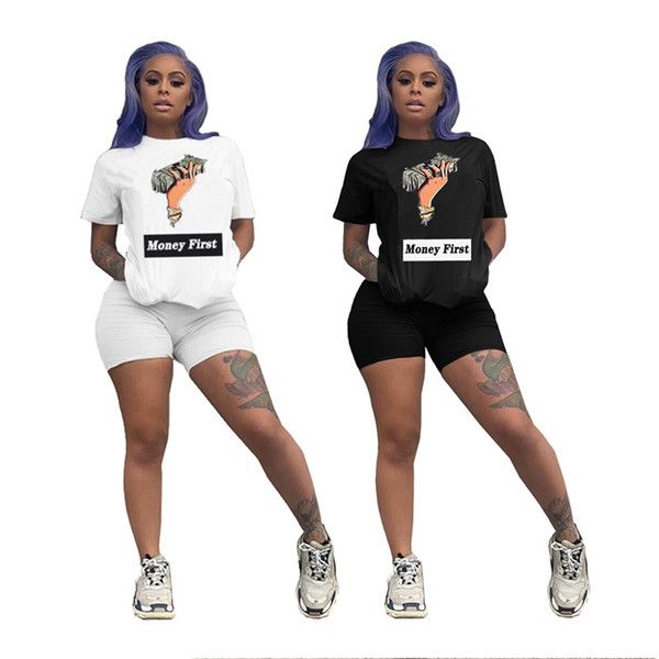 

women money first jogger suit short sleeve t-shirts+shorts two pieces sets sportswear s-2xl outfits summer clothing sweatsuit, Gray