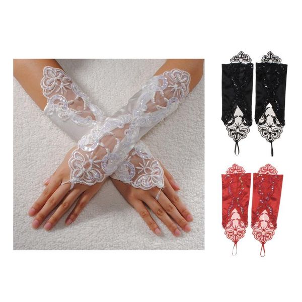 

bride wedding party fingerless pearl lace satin bridal gloves fancy,beige, Blue;gray
