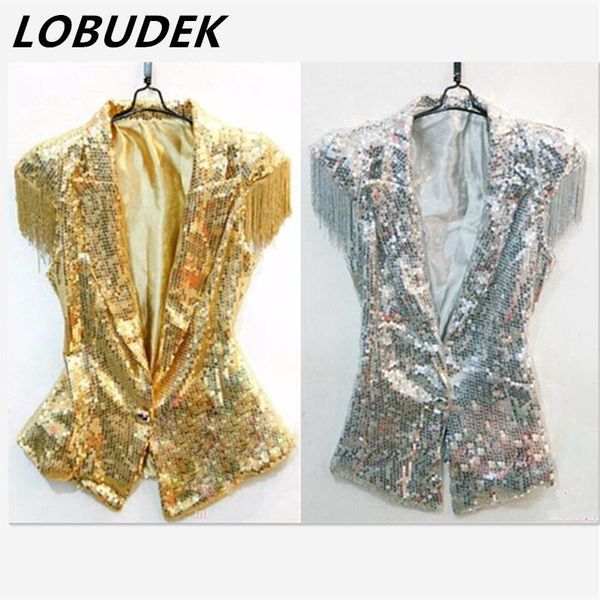 

female male silver gold sequins vest jacket fashion singer performance ds lead dancer clothing tassel jazz dancer costume, Black;red
