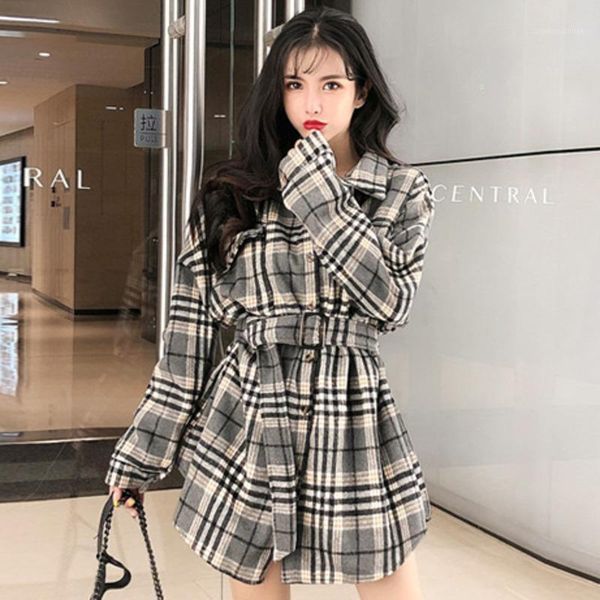 

ewq]2020 autumn women fashion office lady blouse single breasted turn-down collar plaid minimalist mid long lace up shirt 8q0071, White