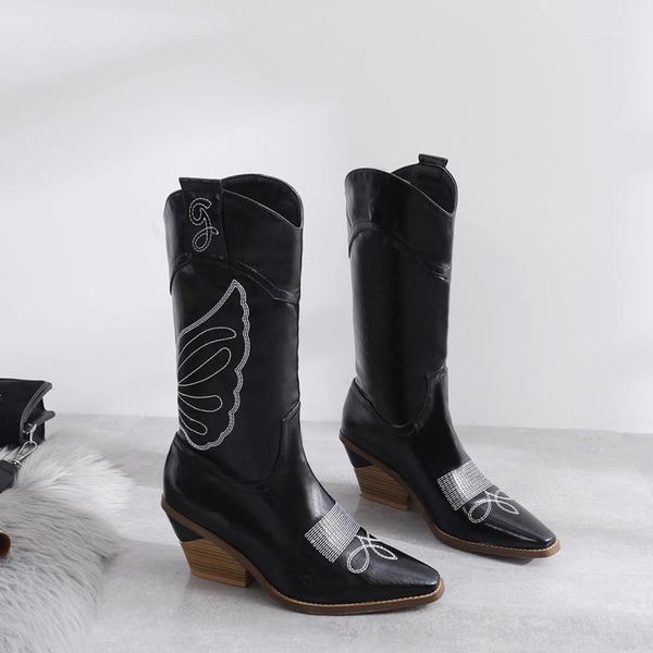 

boots retro embroidered leather western cowboy women mid-calf chunky wedges runway shoes big size 35-45 women1, Black
