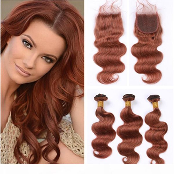 

#33 dark auburn brazilian wavy human hair 3bundles with closure copper red lace closure with weaves reddish brown body wave human hair wefts, Black;brown